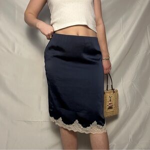 Abercrombie & Fitch Navy Satin Pencil Skirt with Cream Lace Trim